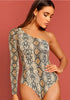 One Shoulder Snake Skin Print Bodysuit