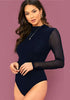 Stand Collar Contrast Mesh Sleeve Bodysuit